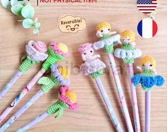 Reversible Mini Flower Fairy Amigurumi Pencil Toppers Low Sew Crochet Pattern PDF Baby Rose, Chamomile, Cosmos, Daisy, Forget me not School