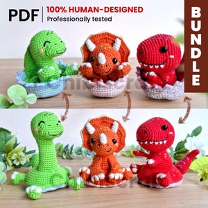 May include: A PDF bundle featuring crochet patterns for three dinosaurs: a green long-necked dinosaur, an orange triceratops, and a red tyrannosaurus. Each dinosaur is shown both inside a crocheted egg and as a full-bodied figure.