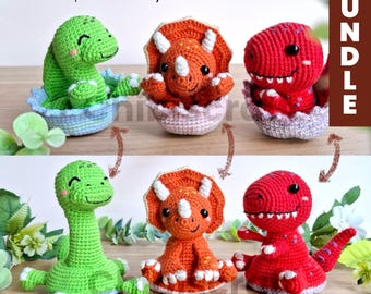 BUNDLE Reversible Hatching Baby Dinosaur Brachiosaurus Triceratops Tyrannosaurus T-Rex PDF Amigurumi Crochet pattern