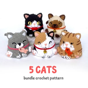 Cat Crochet Pattern Bundle - 5 cats: Grey cat, Calico, Siamese, Tabby, Tuxedo - Reversible Amigurumi pattern - ENG (PDF)