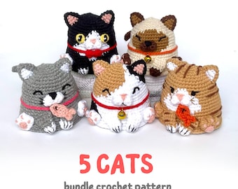 Cat Crochet Pattern Bundle - 5 cats: Grey cat, Calico, Siamese, Tabby, Tuxedo - Reversible Amigurumi pattern - ENG (PDF)