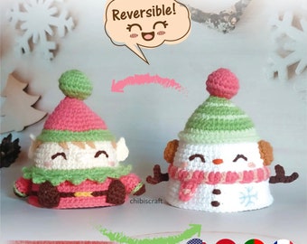 Reversible Christmas Amigurumi Pattern – Christmas ornament – Elf and Snowman (PDF)