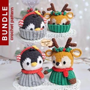 Reversible Christmas Cupcake Amigurumi Crochet Pattern - Penguin and Reindeer - Christmas Winter Holiday Ornament Gift - PDF
