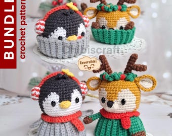 Reversible Christmas Cupcake Amigurumi Crochet Pattern - Penguin and Reindeer - Christmas Winter Holiday Ornament Gift - PDF