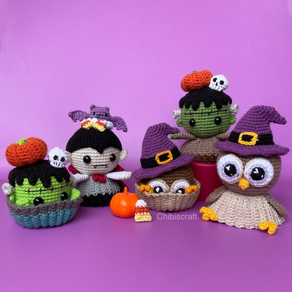 Reversible Halloween Cupcakes Crochet Pattern Bundle - 3 Cupcakes: Owl, Frankenstein, Dracula - Reversible Amigurumi pattern - ENG (PDF)