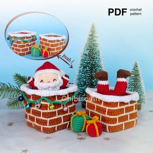 May include: Crochet pattern PDF for a Santa Claus doll stuck in a brick chimney. The pattern includes instructions for making the chimney, Santa, and presents. The PDF is available for download.