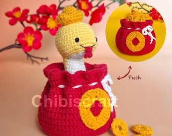 Peek-a-boo CNY Snake in Coin Sack Amigurumi Crochet Pattern (PDF) Chinese Lunar New Year Zodiac Character