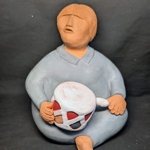 Native American Style Pottery, "Navajo Drummer" signed Mary Mitchell, 1991, Signed Clay Sculpture Southwest Folk Art 9”