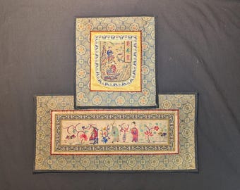 Vintage Chinese Silk Embroidery Panels Pair Figural Scenic Brocade Mounted Textile Art 34 cm x 21 cm 25 cm x 23 cm