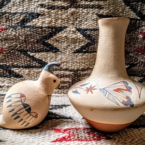 Beautifu Jemez Pueblo Butterfly Vase, by renown potter Cyndee Sandia Brophy Toled and matching Quail