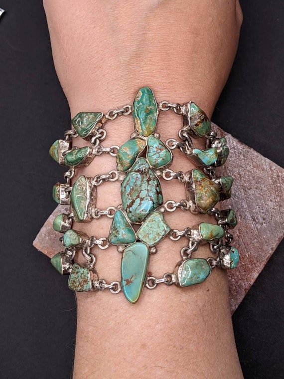 LARGE, ornate, antique, Navajo turquoise and ster… - image 9
