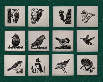 Mini Bird Linocut Print | Original Handmade Block Print | Small 4"x4" Bird Art
