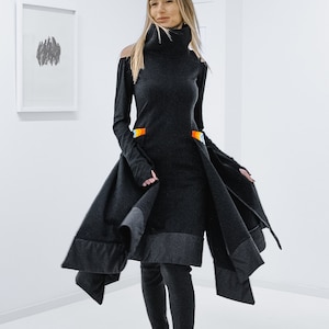 Black Women Dress / Soft Fabric Decorative Elements / Soft Cotton / Front pockets
