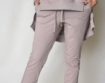 Beige Soft Women Sweatpants with Pockets and Ribbed Details, 97% Cotton