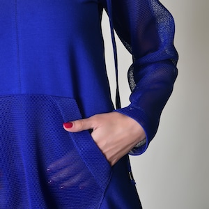 Blue Soft Fabric Women Dress With Hood, Sleeves, Kangaroo Pocket All Made of 3D Mesh, Cotton