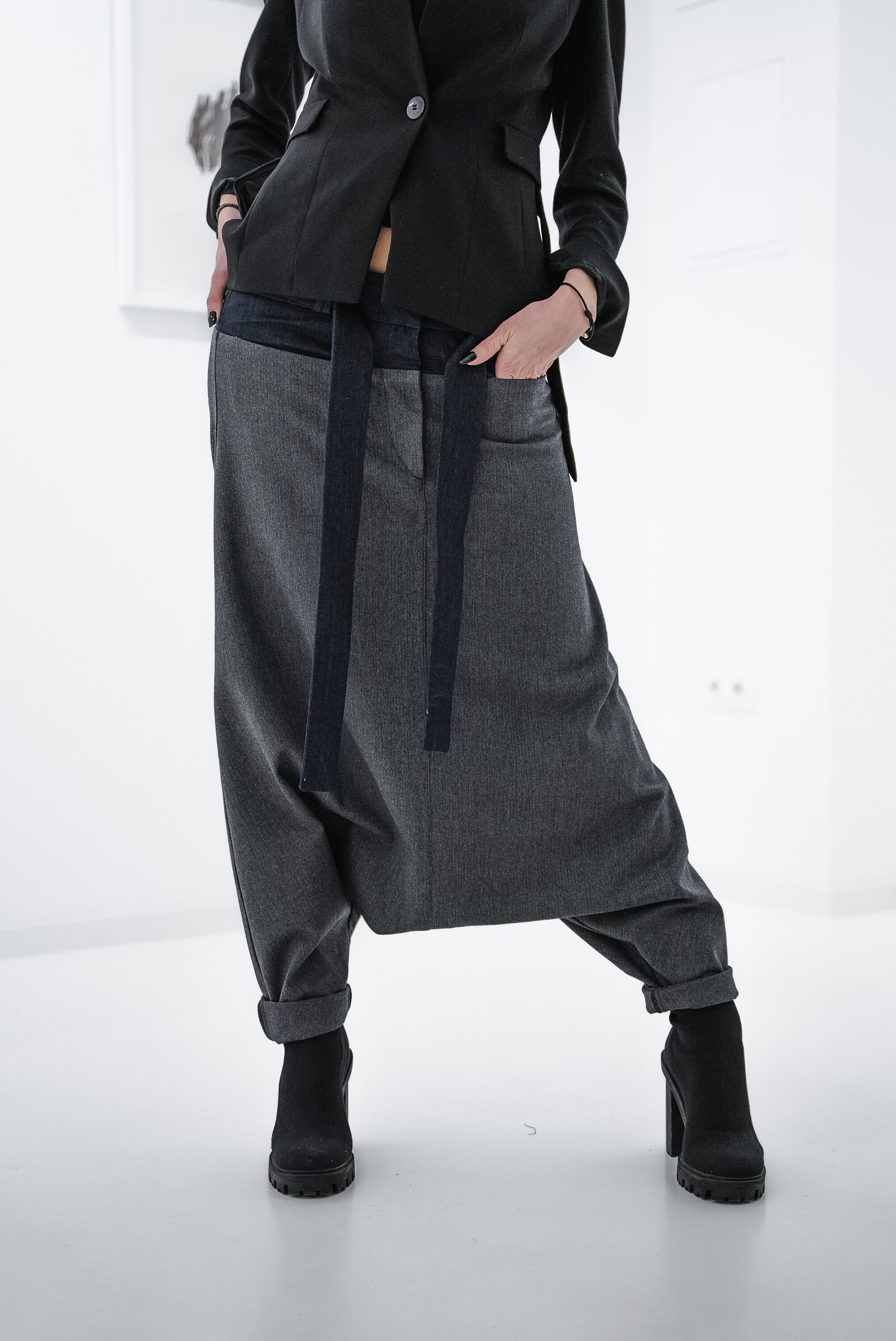 Women Drop Crotch Pants/black Harem Pants/oversized Pants/black Drop Crotch Pants/grey Pants