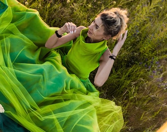 Jupe et haut pour femmes d'été vert/jupe en tissu élastique doux/jupe d'été en tulle/jupe plissée/jupe longue d'été en tulle ample/jupe fluide