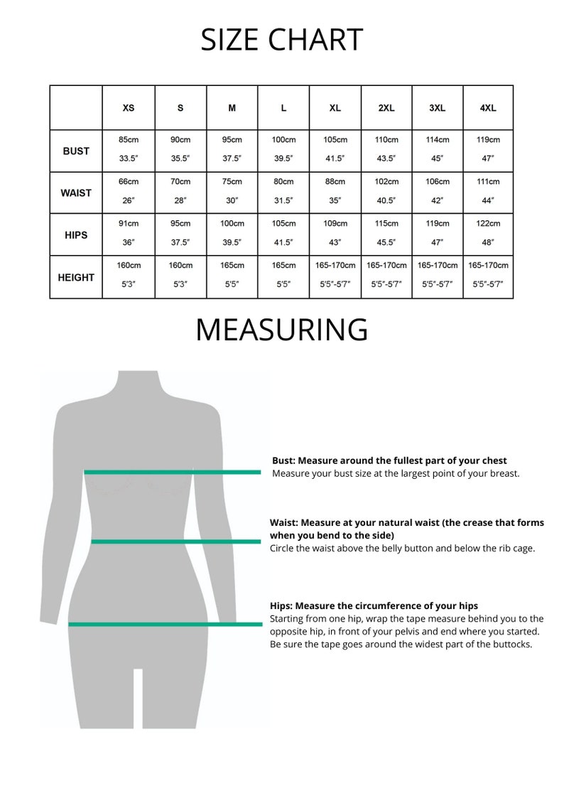 Peut inclure: Tableau des tailles pour les v&ecirc;tements avec des mesures en pouces et en centim&egrave;tres. Les mesures de la poitrine, de la taille, des hanches et de la hauteur sont indiqu&eacute;es pour les tailles XS &agrave; 4XL. Un sch&eacute;ma montre comment mesurer la poitrine, la taille et les hanches.