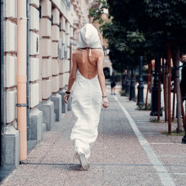 Long White Linen Dress, Open Back Dress, Summer Infinity Dress with Hood