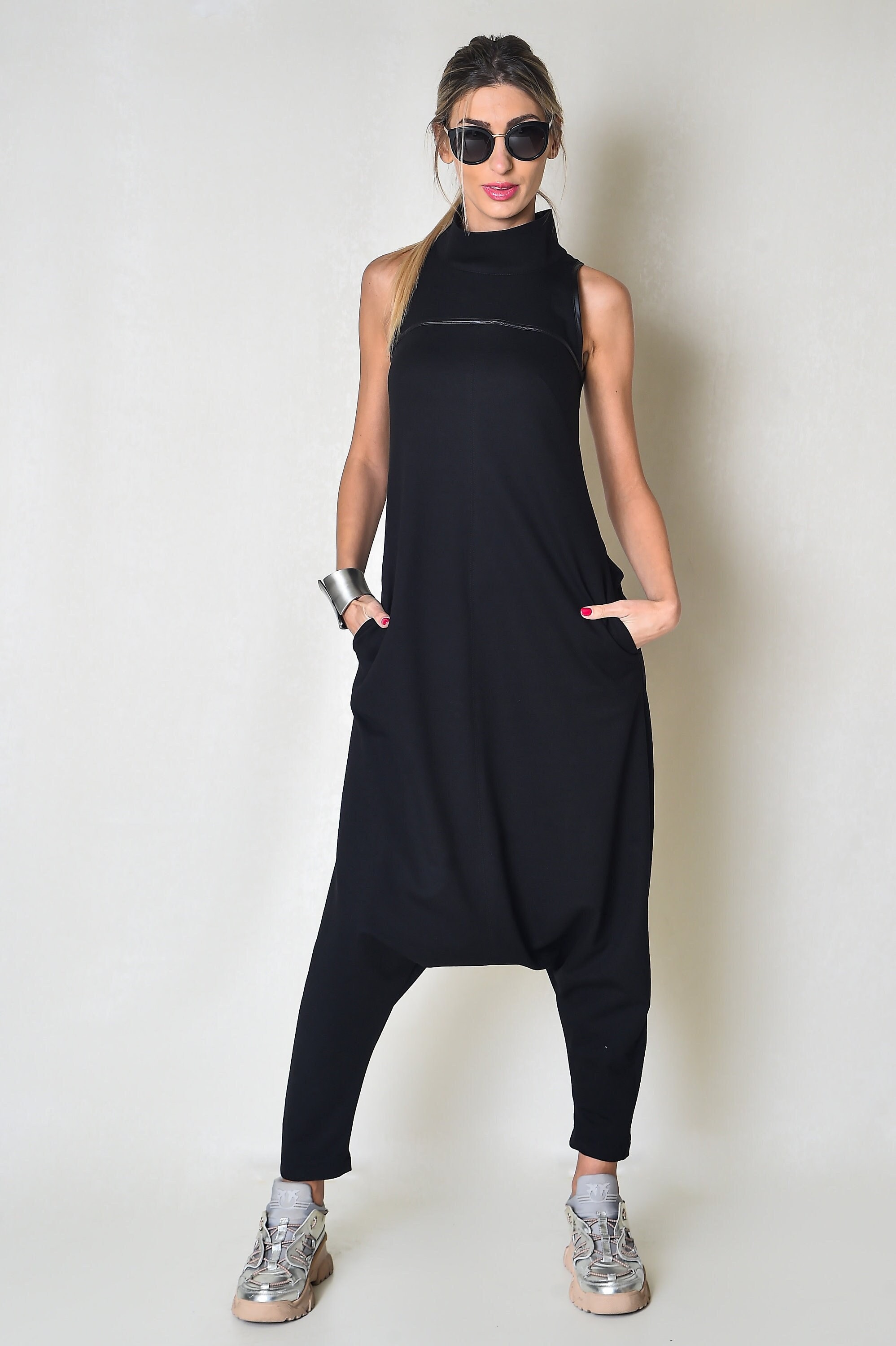 Black Cotton Jumpsuit / Women Romper With Back Zipper Etsy