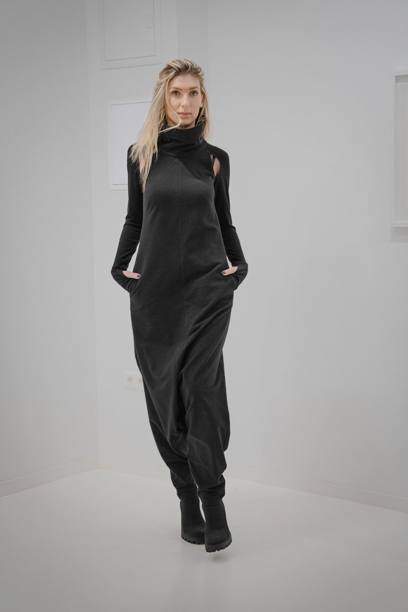 Black Cotton Jumpsuit / Women Romper with Back Zipper / 2 Front Pockets image 4