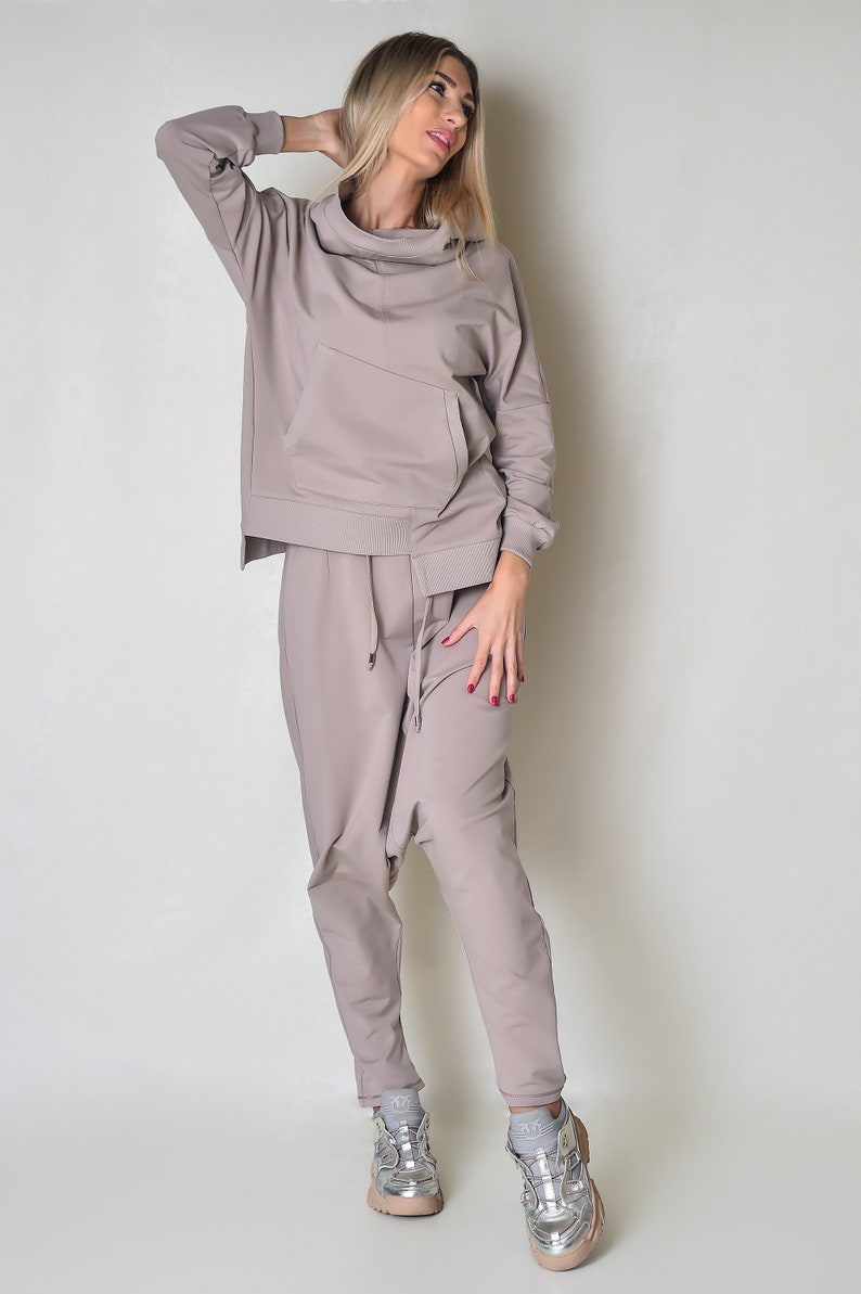 Dark Beige Soft Cotton Women Pants With Pockets, Harem style image 1