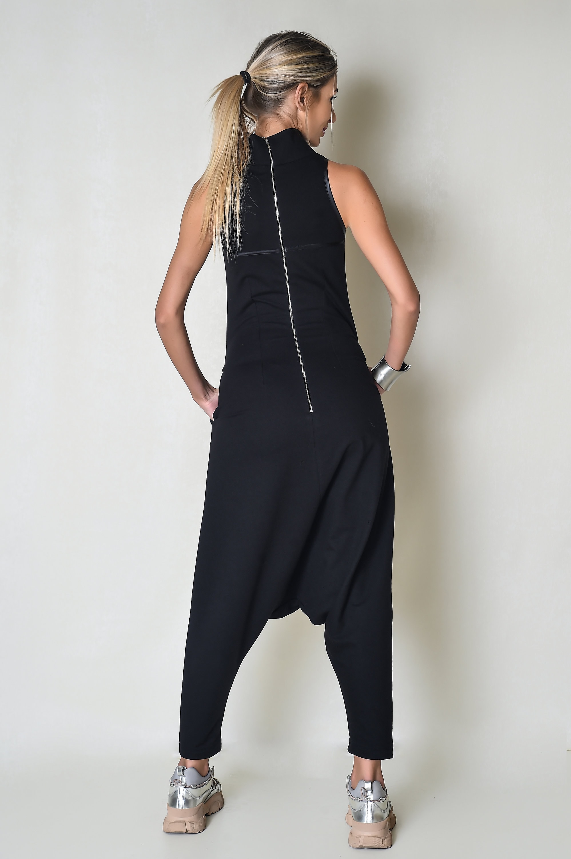 Black Cotton Jumpsuit / Women Romper With Back Zipper Etsy
