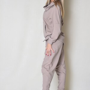 Dark Beige Soft Cotton Women Pants With Pockets, Harem style image 2