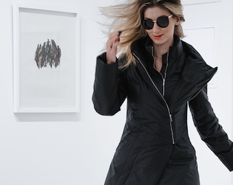 Women Black Jacket/Black Extravagant Jacket/Oversized Winter Coat/Long Puffer Jacket/Long Quilted Jacket/Black Coat/Warm Oversized Jacket