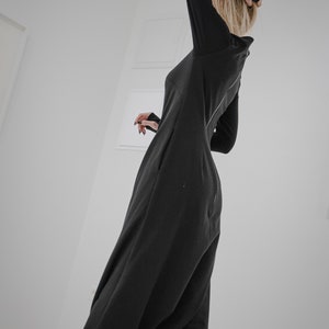 Black Cotton Drop Crotch Jumpsuit / Long Sleeves / Cotton Jumpsuit With Pockets / Black Jumpsuit With Zipper image 4