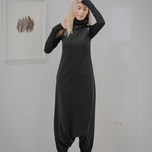 Black Cotton Jumpsuit / Women Romper with Back Zipper / 2 Front Pockets image 6