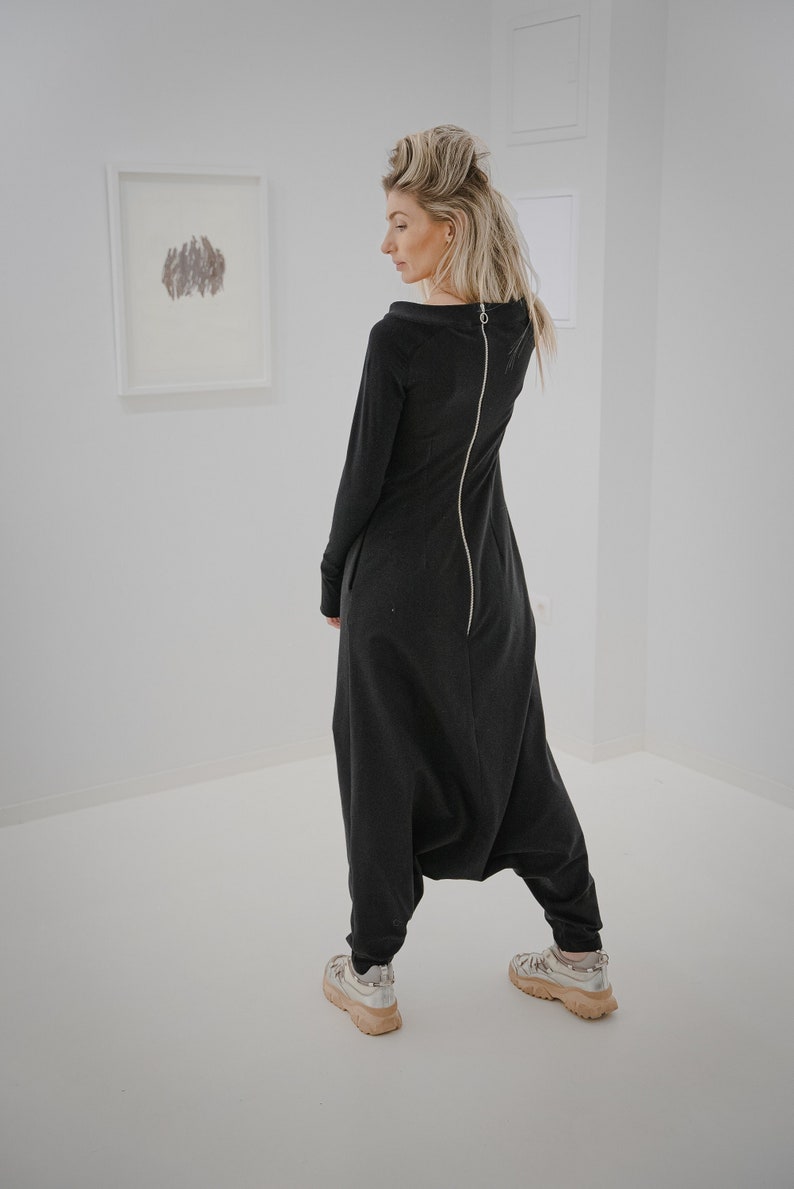 Black Cotton Drop Crotch Jumpsuit / Long Sleeves / Cotton Jumpsuit With Pockets / Black Jumpsuit With Zipper image 1