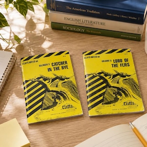 May include: Two Cliffs Notes study guides with bright yellow covers and black diagonal stripes. One guide is titled Cliffs Notes on Salinger's Catcher in the Rye, and the other is titled Cliffs Notes on Golding's Lord of the Flies, both featuring black illustrations.