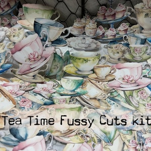 Tea Time Fussy-bundel, theekopjes klaar voor gebruik voor junkjournals, kaarten, scrapbooking, mixed mediakunst.