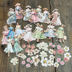 Raffinate raffigurazioni di donne retrò e vintage con fiori, pronte per essere utilizzate per diari, cartoline, scrapbooking e arte multimediale.
