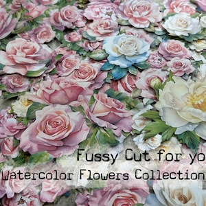 Kieskeurig gesneden aquarelbloemen, klaar voor gebruik voor ongewenste tijdschriften, kaarten, scrapbooking, mixed mediakunst.