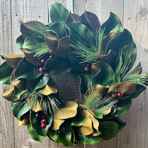 Magnolia Leaf, Pine, and Red Berry Wreath