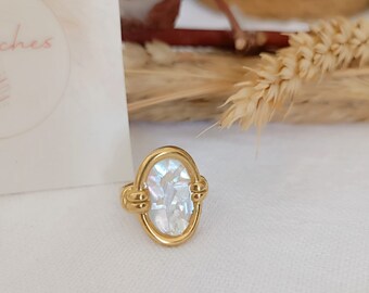 Oval stainless steel ring mother-of-pearl resin Boho chic ring Oval ring Cabochon ring