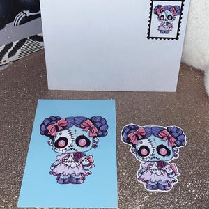 carte d’anniversaire et sticker poupée gothique