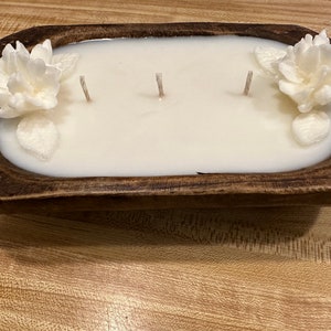 Dough Bowl Candle  • scented  • Hobo Decor • Doughbowl • Rustic Decor • Wooden Bowl Candle • Farmhouse Decor • Flower Candle •Holiday Candle