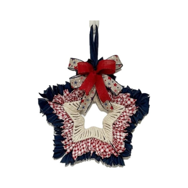 Red, White & Blue Star-Shaped Farmhouse Style Ribbon Wreath for your front door.  Rustic Home decor. Patriotic Wall or Door Hanger.