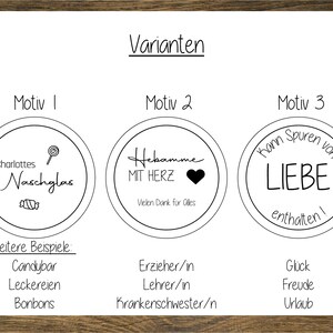 May include: Three black and white circular designs with text. The first design says "Charlottes Naschglas" with a candy cane and a wrapped candy. The second design says "Hebamme mit Herz" with a heart. The third design says "Kann Spuren von Liebe enthalten!"