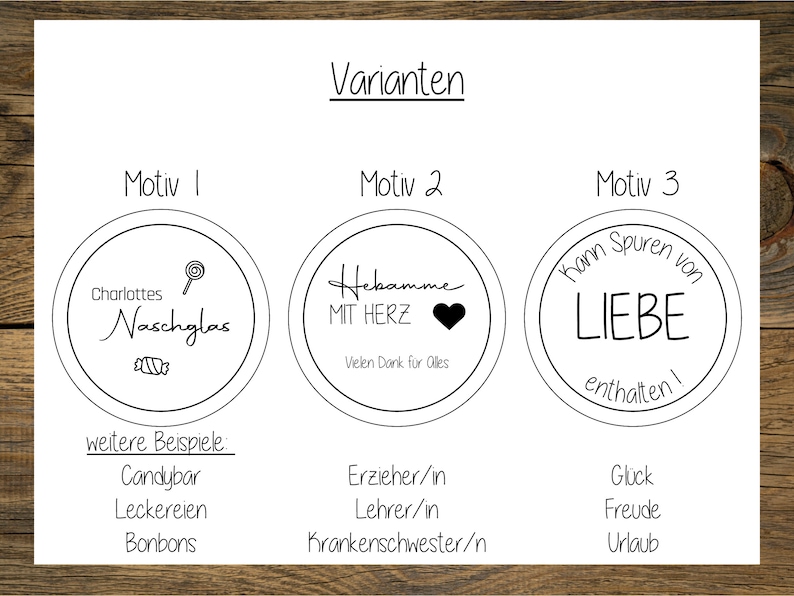 May include: Three black and white circular designs with text. The first design says "Charlottes Naschglas" with a candy cane and a wrapped candy. The second design says "Hebamme mit Herz" with a heart. The third design says "Kann Spuren von Liebe enthalten!"