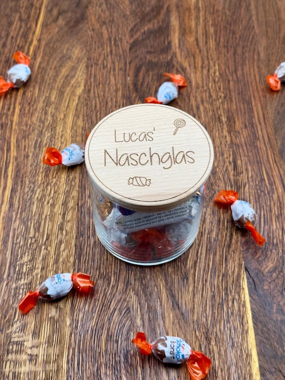 Naschglas mit Name | 3 Größen | Holzdeckel | Gravur | Süßigkeiten | Abschied | Geschenk | Geburtstag