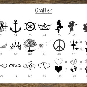 Op de afbeelding: Een vel papier met 21 zwart-witte grafische afbeeldingen die van G1 tot en met G21 zijn gelabeld. De afbeeldingen omvatten een kompas, anker, stuurwiel, papieren boot, zeemeermin, fee, boom, paardenbloem, vredesteken, ster, oneindigheidssymbool, hart, voetafdruk en pootafdruk.