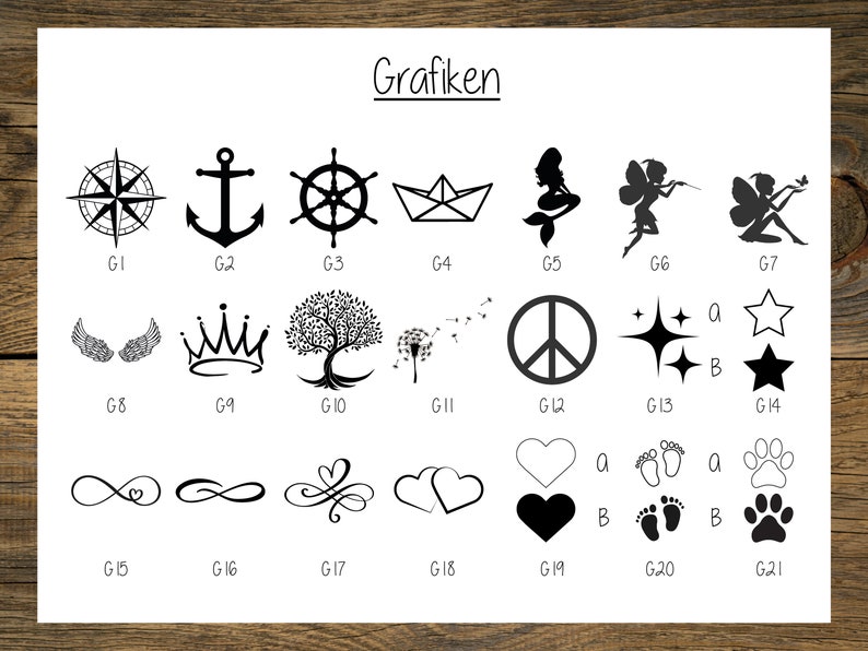 Op de afbeelding: Een vel papier met 21 zwart-witte grafische afbeeldingen die van G1 tot en met G21 zijn gelabeld. De afbeeldingen omvatten een kompas, anker, stuurwiel, papieren boot, zeemeermin, fee, boom, paardenbloem, vredesteken, ster, oneindigheidssymbool, hart, voetafdruk en pootafdruk.