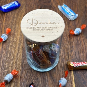 Vorratsglas mit Holzdeckel und personalisierter Gravur - Danke dass du mir beim Wachsen geholfen hast