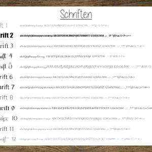 Op de afbeelding: Een lijst van 12 verschillende lettertypen, gelabeld "Schrift 1" tot "Schrift 12" in het Duits, met het alfabet en de cijfers weergegeven in elk lettertype.