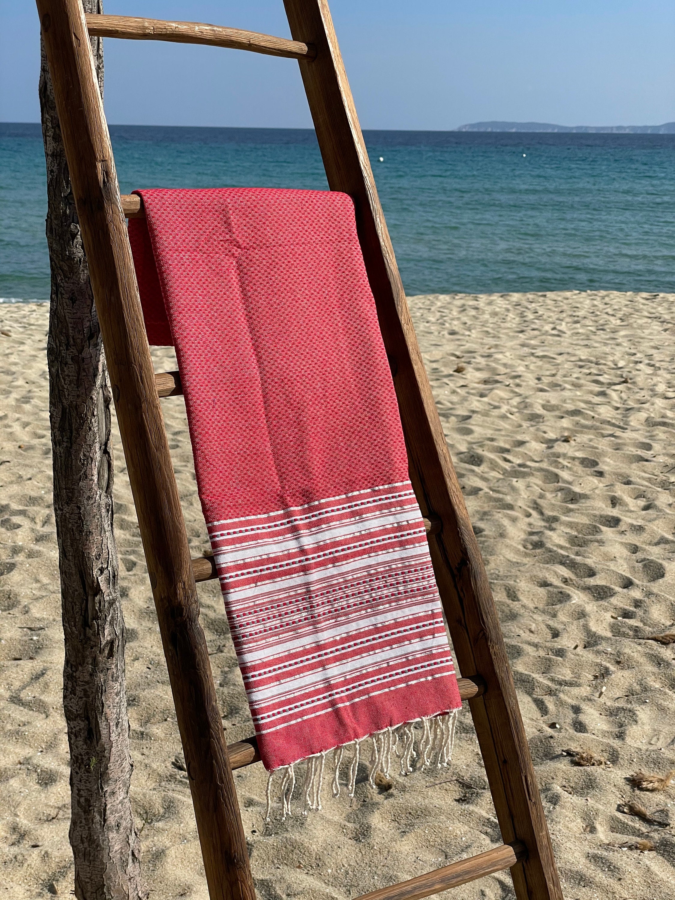 Fouta Tunisienne 100% Coton - Foula Rouge Serviette de Plage Bain 1M X 2M