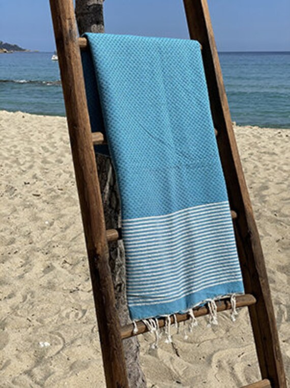 Fouta Tunisienne 100% Coton - Nid d'abeille Lurex Argent Turquoise Serviette de Plage Bain 1M X 2M